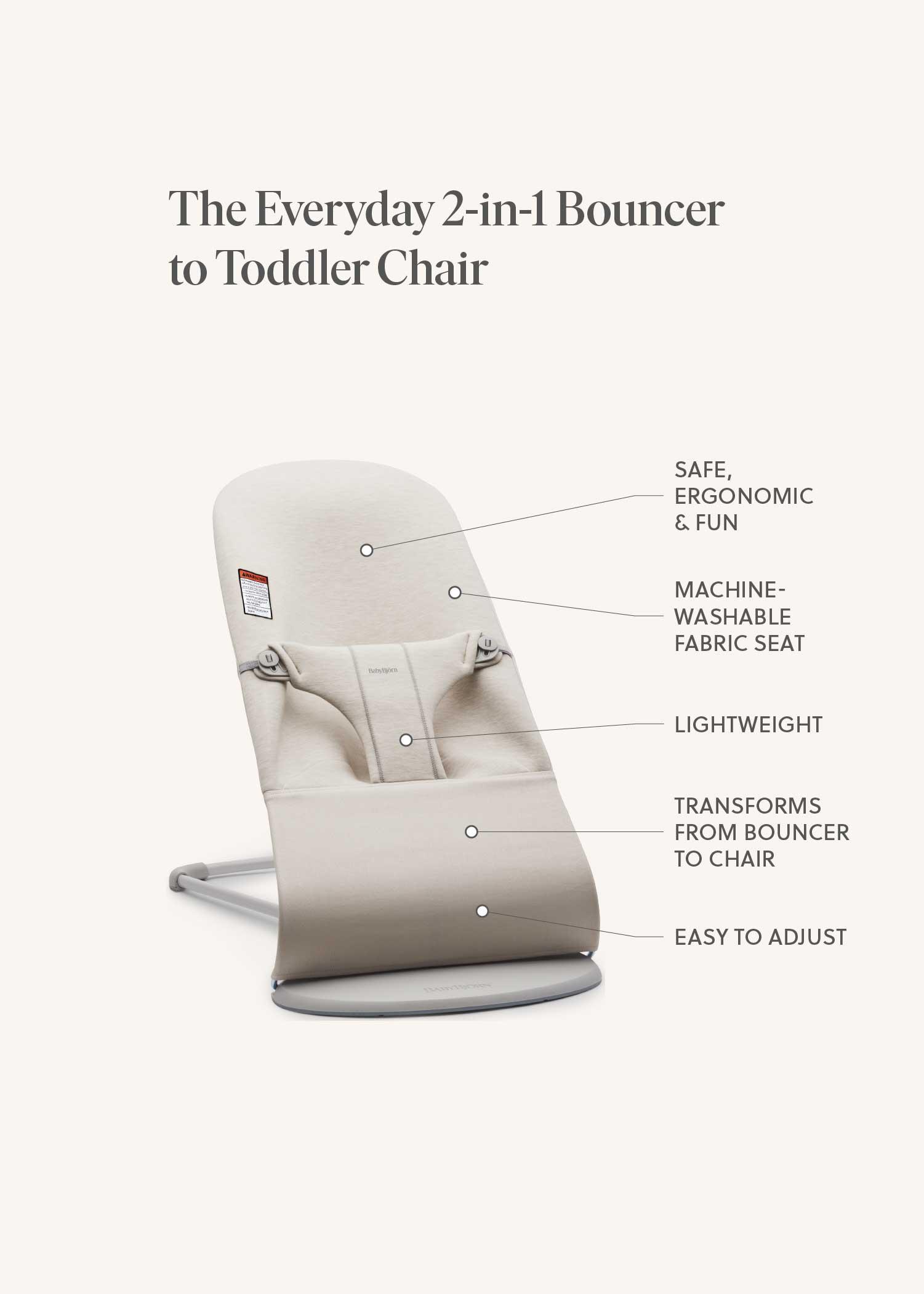 Beige 2-in-1 bouncer and toddler chair with ergonomic design, machine-washable fabric, lightweight structure, and adjustable features.
