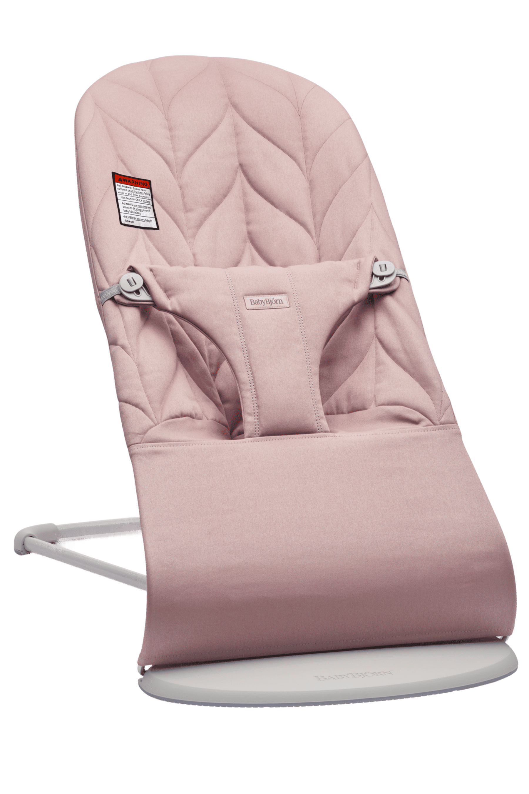 Pink baby bouncer with quilted fabric, harness, and a sleek white frame, designed for comfort and safety.